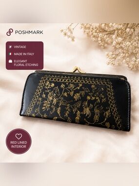 Vintage Black Gold Italian Clasp Wallet Red Lined  Elegant Floral Etching